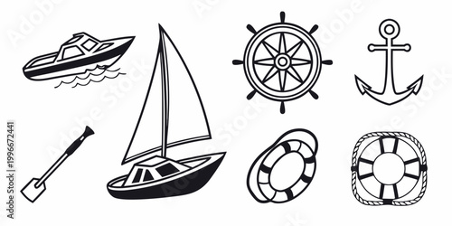 a collection of nautical icons including a yacht and ship wheel Vector