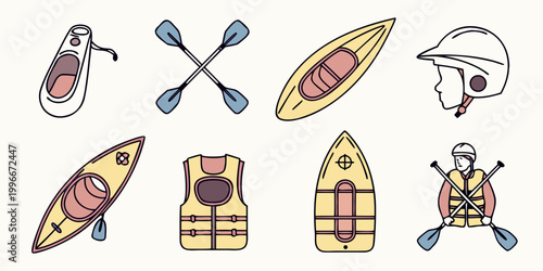 a collection of kayaking equipment and accessories Vector