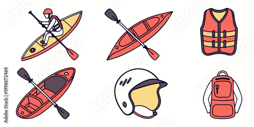 kayaking equipment icons including kayaks and safety gear Vector