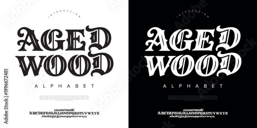 Aged Wood vintage ornamental blackletter font typeface for classic brewery label and heritage woodcut brand identity