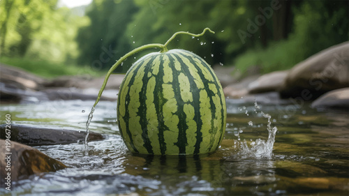 watermelon sitting on rocks in a stream with water splashing around it