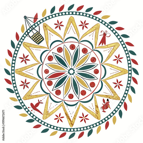 Mandala with basket, birds and stylized flowers.