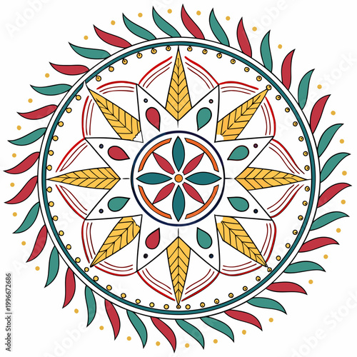 Colorful mandala with leaves and geometric shapes.