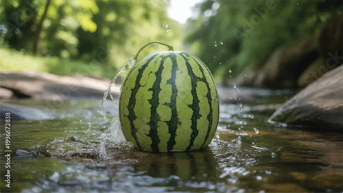 watermelon splashing in river water on sunny day
