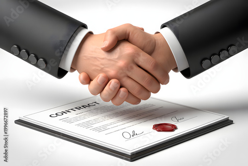 Businessmen shaking hands over a laptop in an office to finalize a successful partnership deal
