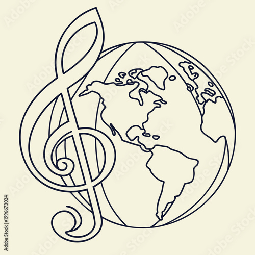 Black line art music note on western hemisphere.