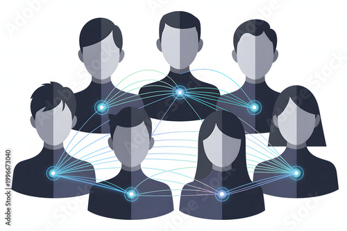 A group of faceless people connected by lines and dots on a white background