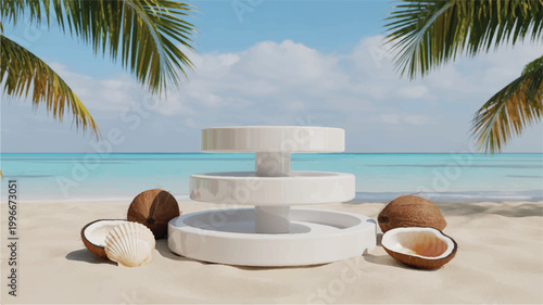White circular podium on sandy beach with coconuts and seashells near palm trees