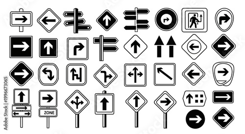 A comprehensive vector set of various directional signs and arrows on a road.