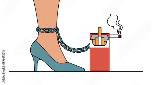 Womans leg chained to a cigarette pack and smoking addiction concept