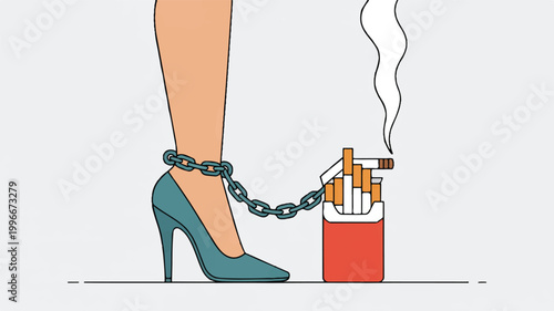 Womans leg chained to a pack of cigarettes in a high heel shoe