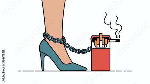 Womans leg chained to cigarette pack addiction concept