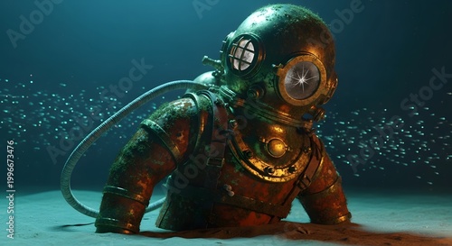 Vintage deep sea diver in antique brass helmet and suit emerges from sandy ocean floor surrounded by schools of tiny fish illuminated by atmospheric underwater lighting