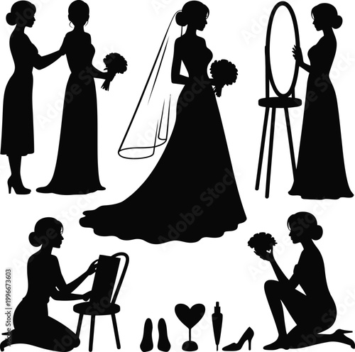Collection of black silhouette graphics depicting bride preparing for wedding ceremony