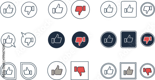 Set of like and dislike icons vector illustration, thumbs up and thumbs down symbols in various styles for user feedback, rating systems, UI elements and social media design