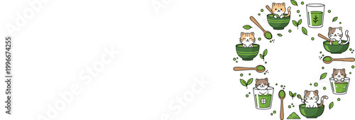 Cute cartoon cats with matcha tea and desserts arranged in circular composition vector illustration, kawaii kittens with green tea bowls for kids design, stickers and cafe themes