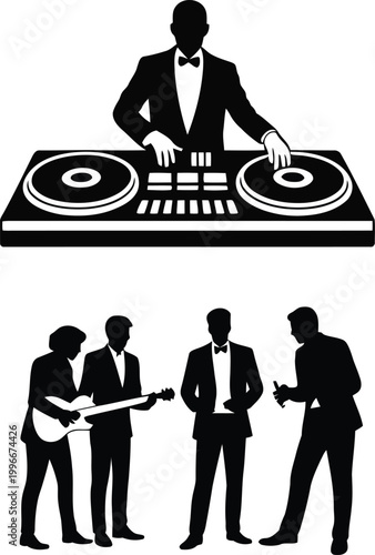 Professional disc jockey operating mixer playing music and silhouettes of live band members performing on stage