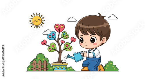Boy Gardener Watering Plant Cartoon Illustration.