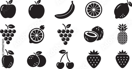 Food fruits glyph icon set. Vector pictograms of banana, strawberry, pineapple, watermelon, grapes, mango, blueberries, peach, cherry, lemon, avocado, pear, kiwi, black sign silhouette