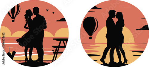 Silhouettes of passionate loving couples kissing during sunset on beach with hot air balloon romantic date artwork