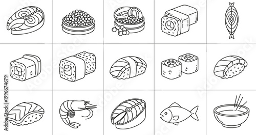 Sushi and seafood line icons vector set featuring rolls, nigiri, fish, shrimp and Japanese cuisine elements, minimal outline collection for restaurant menus, apps and food design