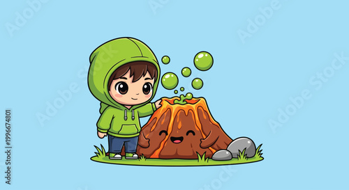Cute cartoon child wearing a green hoodie.