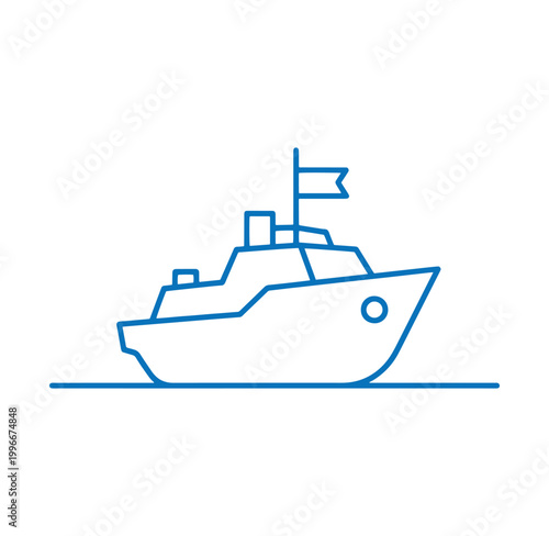 A blue line drawing of a ship with a flag on the mast sailing on water