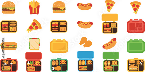 Fast food lunchbox icons vector set with burgers, fries, hot dogs, pizza and sandwiches, colorful meal containers for menu design, kids lunch, delivery and takeaway concepts