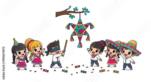 Group of Children Celebrating with Colorful Pinata Star.