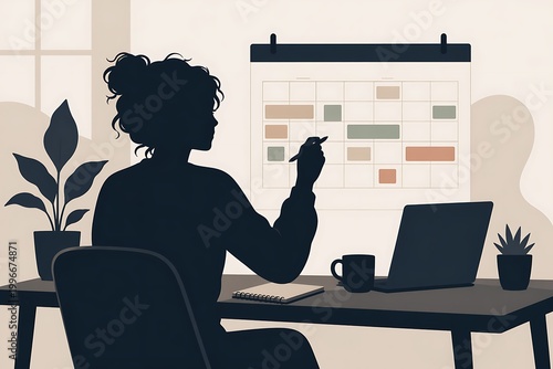 Woman analyzing colorful data charts on laptop screen with coffee and plants on desk