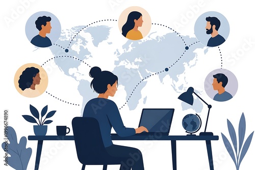 Woman working on laptop with global conference network over map background