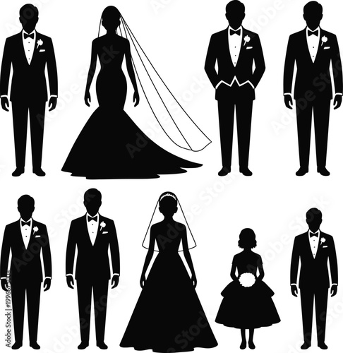 Wedding attire silhouettes bride groom bridesmaids groomsmen flower girl wedding party