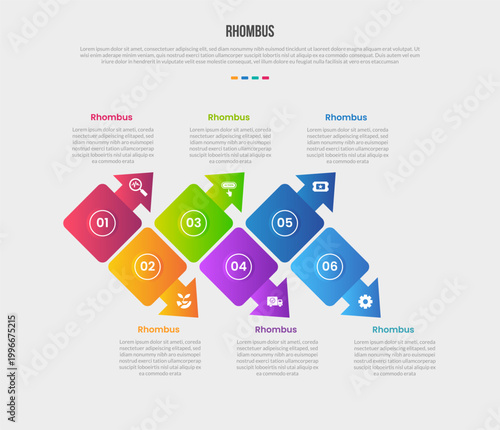 Rhombus diamond base shape infographics gradient template diagram with up and down chained with arrow upside down with 6 point step creative
