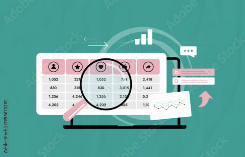 Social media analytics with engagement metrics and performance tracking in digital dashboard. SMM analytics with user interaction data and content performance monitoring for growth vector illustration