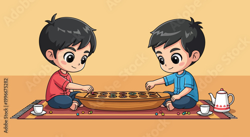 Two Children Playing Floor Board Game Together.
