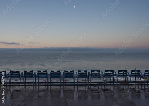 Nice, France - April 9, 2026: Sea coast  of Cote d'Azur in Nice at dawn