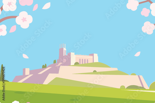 Historic castle on green hillside with tall towers, cherry blossoms in foreground, and bright blue sky.
