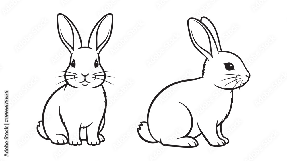 Obraz premium Cute black and white line art illustration of two adorable rabbits, one front view and one side view, perfect for children's coloring books or simple graphic design.