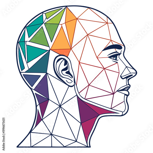 Low poly human profile with colorful brain area.