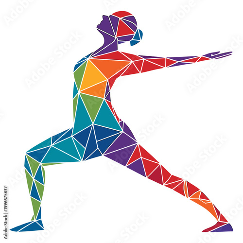 Woman silhouette in warrior two yoga pose.