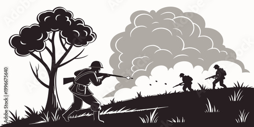 Photos World war ii soldiers advancing with rifles smoke and tree illustration army gra