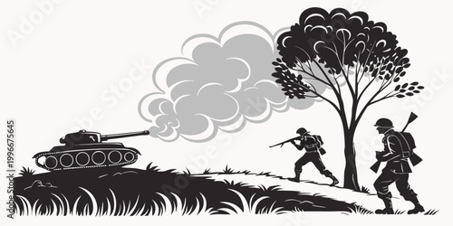 Tableau sur toile World war ii tank firing soldiers advancing under smoke cloud tank illustration