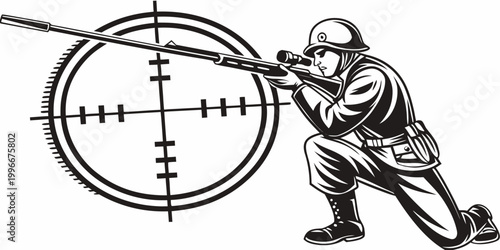 Slika na platnu Soldier in helmet aiming rifle through crosshairs with black and white shooting