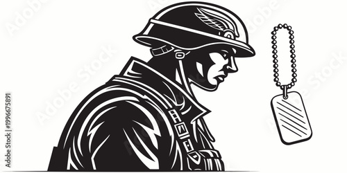 Valokuva Soldier in helmet with military insignia and dog tag black and white soldier por