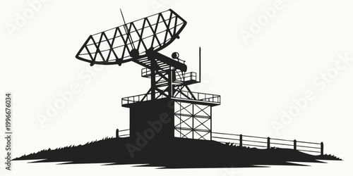 Tableau sur toile Radar dish antenna mounted on tower overlooking landscape with air traffic contr
