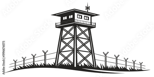 Bild auf Leinwand Security guard tower with barbed wire fence security observation surveillance mi