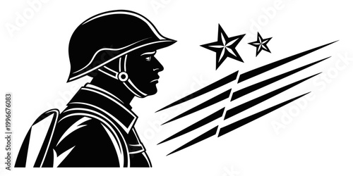 Tablou pe pânză Graphic illustration of a soldier in profile wearing a helmet and accompanied by