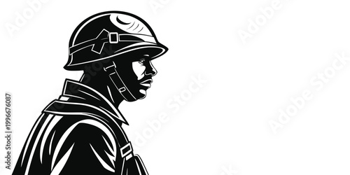 Canvas-taulu Black and white graphic illustration of a soldier in profile wearing a helmet wi