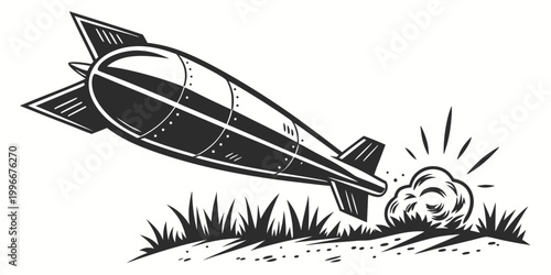 Foto Retro style bomb falling to ground with impact dust cloud graphic for war and co