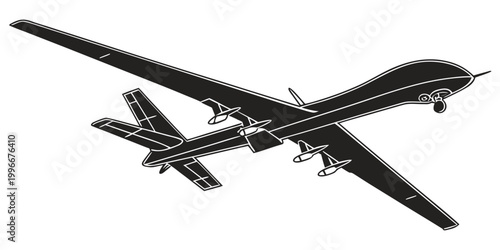 Military unmanned aerial vehicle silhouette graphic showing armed combat drone in flight with military aircraft silhouette unmanned predator surveillance reconnaissance aviation technology